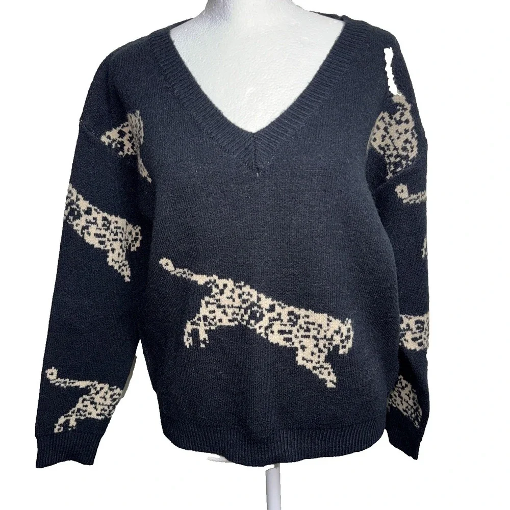 Leopard Jaguar Sweater Women's M Black Tan Jacquard Knit Indy Sleaze Mob Wife